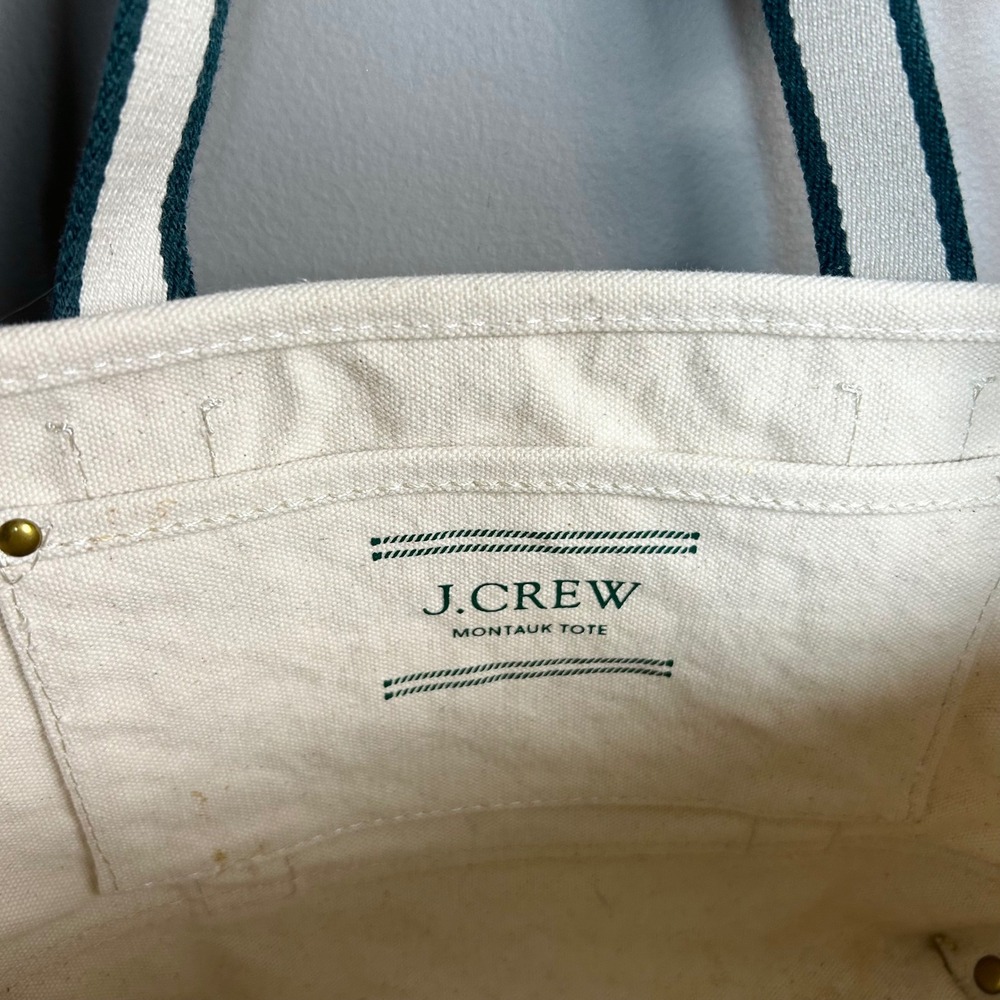 J.Crew Mini Montauk Tote Bag Green Natural Canvas Crossbody Preppy New England - Picture 13 of 14